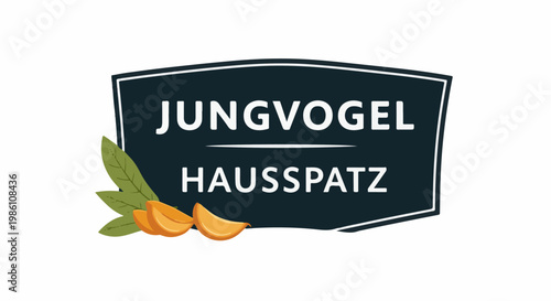 Dark blue badge with white text and fruity accents