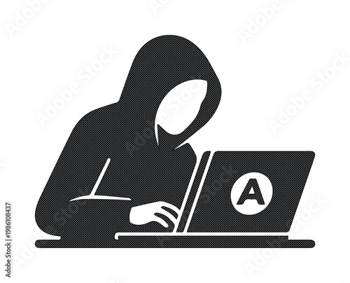 Cyber hacker silhouette in hoodie using laptop, anonymous computer criminal vector icon, data breach and internet security concept illustration