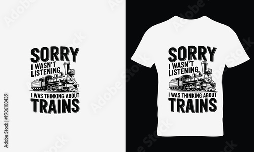 White t shirts with train and text on black and white backgrounds