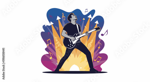 Energetic guitarist performing on stage with musical notes and spotlights
