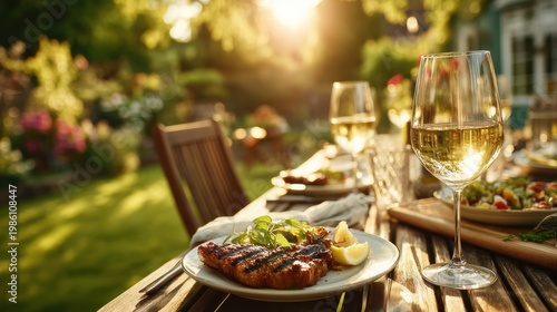 Grilled meat dinner outdoors with golden sunlight and outdoor dining table