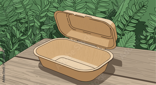 Empty takeaway container rests open on a wooden surface before lush green foliage