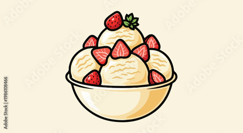 Delicious ice cream sundae with fresh strawberries and a mint leaf garnish