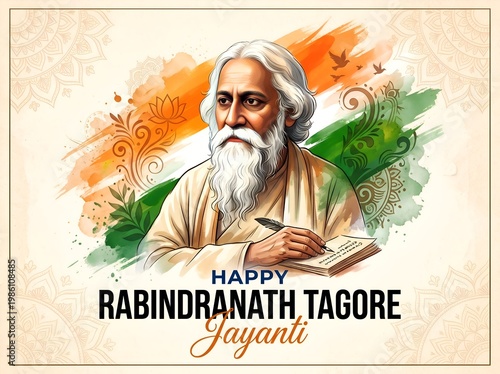 Rabindranath Tagore Jayanti A4 Poster with Indian Tricolor Brush Theme