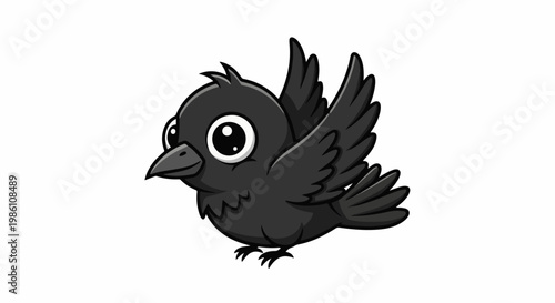Cute cartoon black bird with big eyes and wings spread