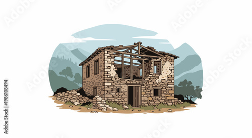 Dilapidated stone house, weathered structure, rustic, abandoned building, mountain background