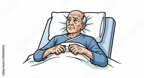 Elderly man lies in a hospital bed with a troubled expression