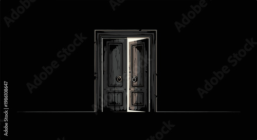 Dark, shadowy entrance with a pair of old, weathered wooden doors ajar