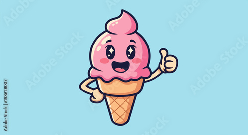 Cute cartoon ice cream cone with a happy face and thumbs up