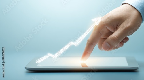 Businessman touches upward trending graph on tablet during office meeting