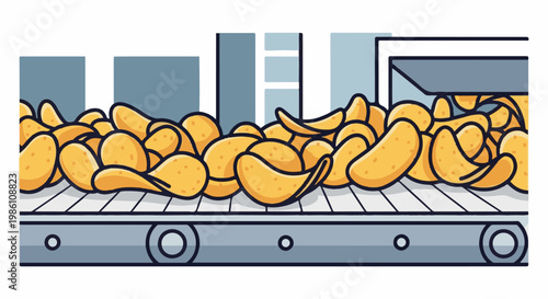 Crisp potato chips moving along a conveyor belt in a factory setting