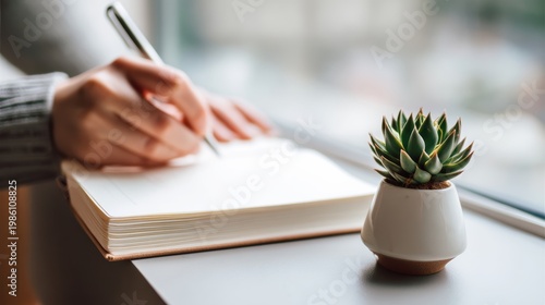 Hands working on notebook during office meeting with succulent background