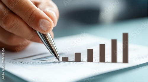 Bar chart growth trend with businessman's hand and silver pen in office meeting