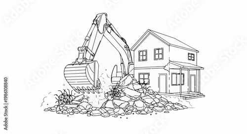Excavator demolishing a house, debris flying