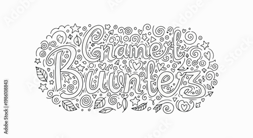 Decorative typography with playful doodles, hearts, stars, swirls, and leaves