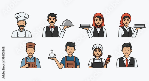 Diverse restaurant staff icons chef, waiters, baristas, server, helper