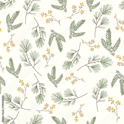 Seamless pattern with fir branches. Vector illustration. White background. Berries. Autumn and winter, spring, autuman background. Hugge