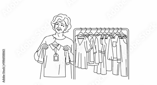 Elderly woman smiling holding a collared shirt with tag near a clothing rack