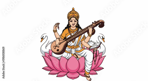 Deity holding instrument and book, seated on lotus with swans