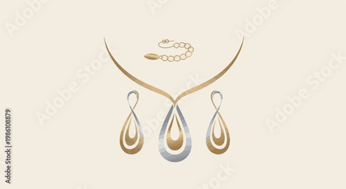 Elegant gold and silver necklace and earrings, abstract style