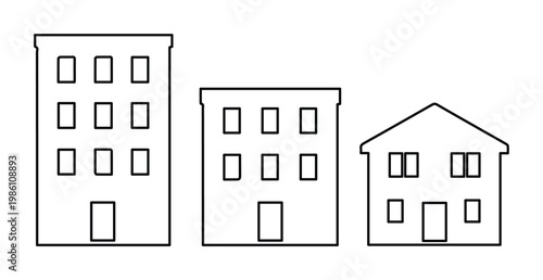 Minimalist building line icons, simple urban architecture vector set, black and white house and apartment outlines for real estate and city planning