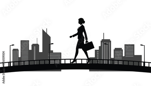 Businesswoman walking across a bridge in a city
