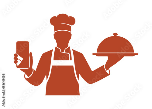Chef silhouette holding smartphone and food tray, professional cook with mobile app for restaurant delivery, brown vector icon for catering service