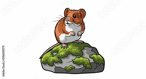 Cute cartoon hamster with brown fur and white belly sits on a mossy rock