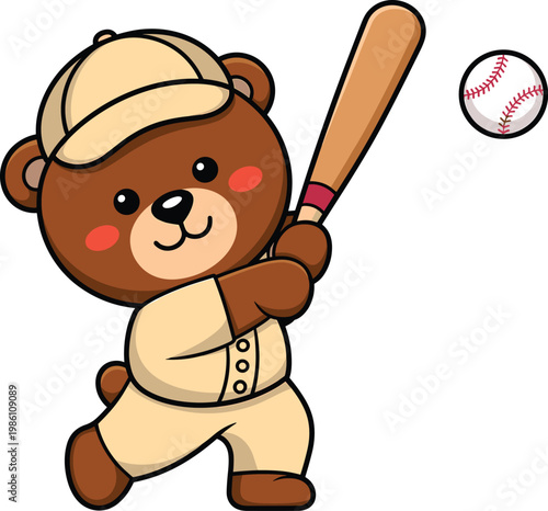 Cute brown bear baseball player character wearing uniform and cap hitting ball with bat in kawaii cartoon vector style for children sports mascot designs.