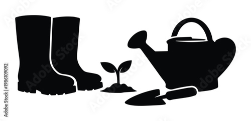 Gardening tools silhouette set with rubber boots and watering can, black garden equipment icons, seedling sprout and hand trowel vector