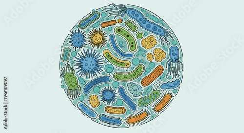 Diverse collection of colorful microscopic organisms within a circular frame