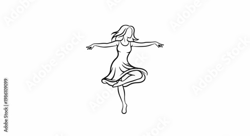 Elegant line art sketch of a woman in a flowing dress dancing with arms outstretched