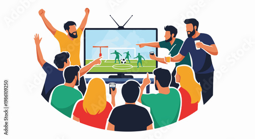 Diverse crowd watches a soccer match on television, with some cheering