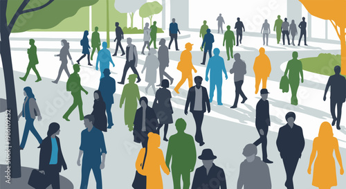Diverse crowd of people in silhouette crossing a street in a city