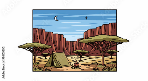 Desert campsite with tent, campfire, trees, and canyon under moonlit sky