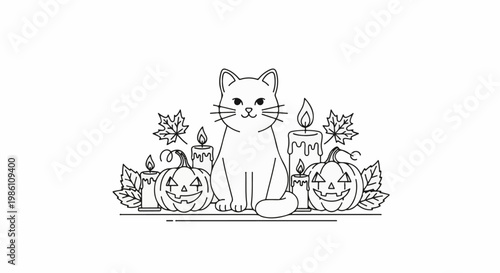 Cute cat sits between carved pumpkins and candles with fall leaves