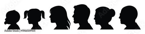 Human head profile silhouettes showing aging process, family generation vector set, black side view portraits of people from child to senior