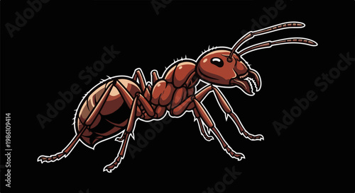 Detailed illustration of a single red ant against a black background