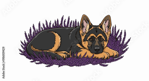 Cute German Shepherd puppy resting among vibrant purple lavender flowers