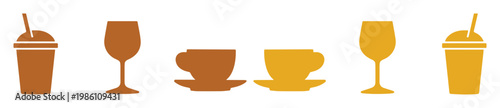 Minimalist beverage icon set, flat vector drink glassware and coffee cups, brown and yellow cafe symbols for restaurant menus and signage