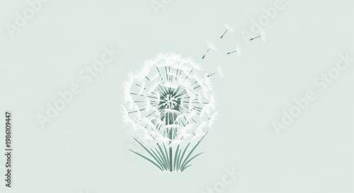 Delicate dandelion seeds float away on a soft, pastel background
