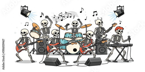 Skeleton Music Band Cartoon with Guitars Drums Keyboard Microphone and Rock Concert Performance Illustration