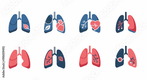 Diverse stylized lung icons showcasing health, disease, and natural elements