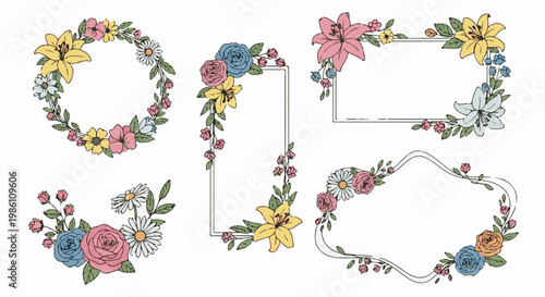 Delicate floral frames and wreaths adorn a white background with artistic flair