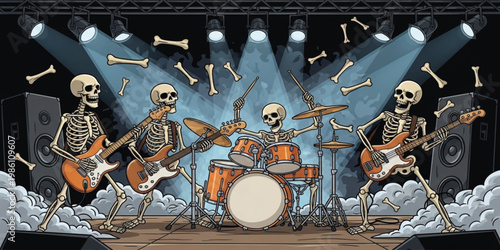 Skeleton Rock Band Performing on Concert Stage with Guitars Drums Spotlights and Halloween Music Show Illustration