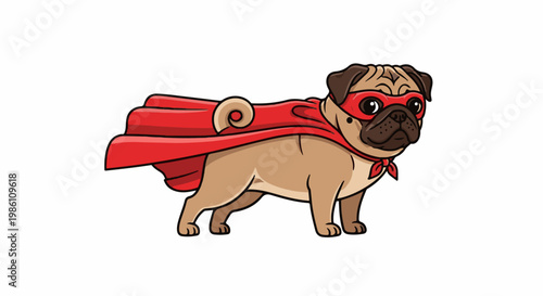 Cute pug wearing a red superhero mask and flowing cape, standing