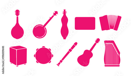 Pink musical instrument silhouettes, collection of 10 folk and acoustic music icons, magenta string and percussion instrument vector set on white