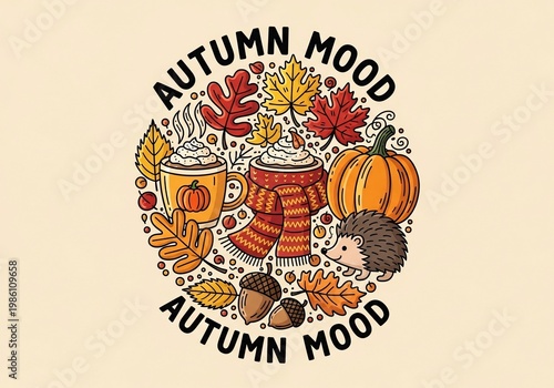 Cozy Autumn Illustration: Warm Drinks, Hedgehog, Fall Leaves, Pumpkins.