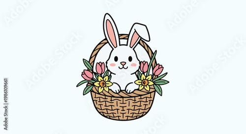 Cute white bunny in a basket surrounded by pink tulips and yellow daffodils