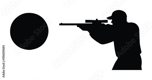 Sniper silhouette aiming rifle at target, marksman shooting with scoped gun vector, hunter aiming at circular bullseye, black and white shooting range icon